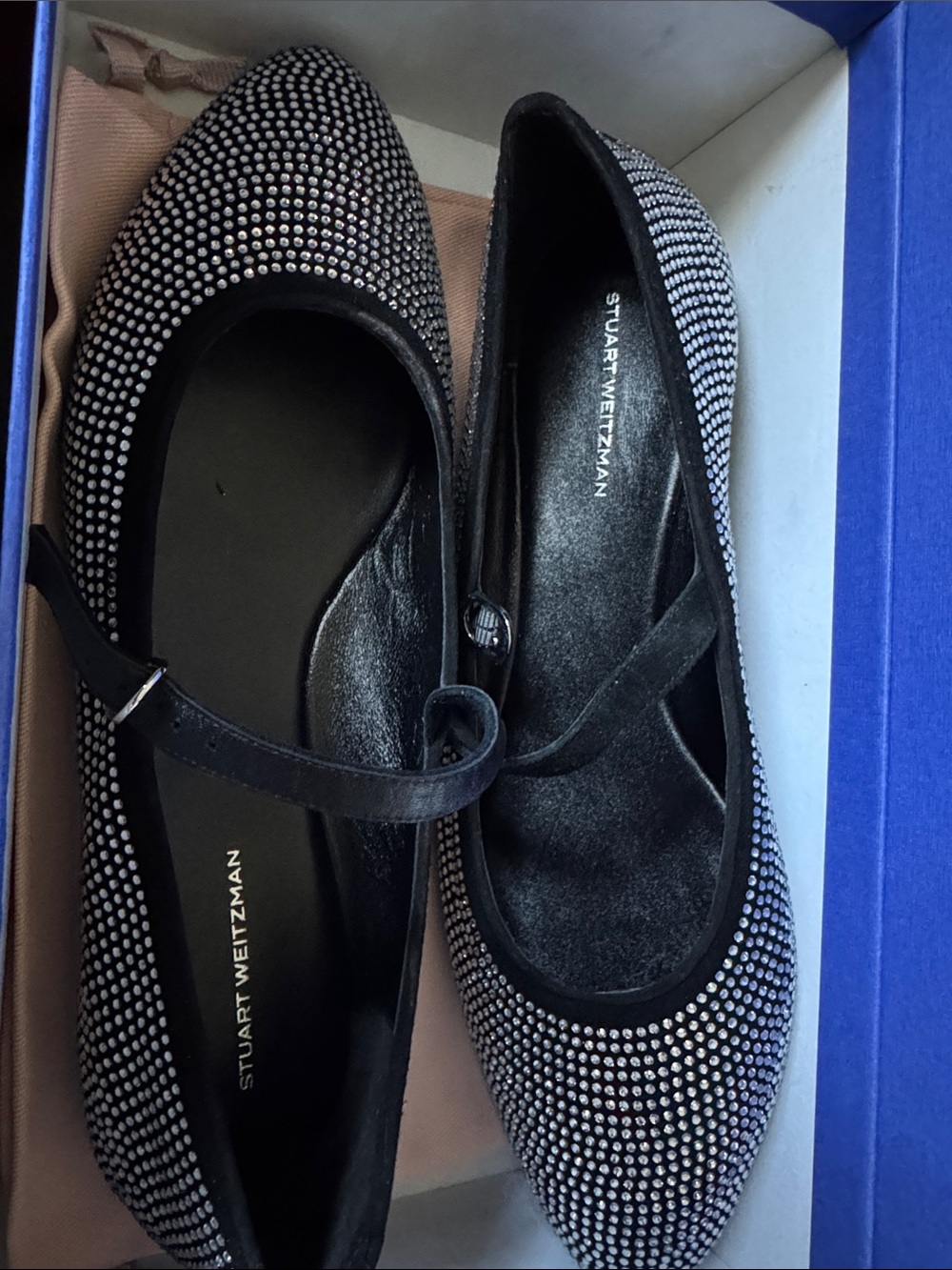 Stuart Weitzman Black Crystal-Embellished Mary Jane Flats size10
